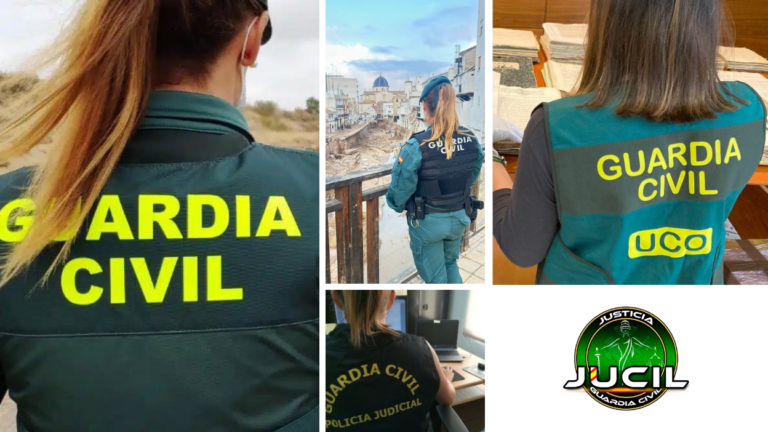 Collage de mujeres de la Guardia Civil en distintas unidades operativas y de investigación, con chalecos identificativos y el logo de JUCIL, simbolizando la reivindicación de igualdad y mejores condiciones laborales.