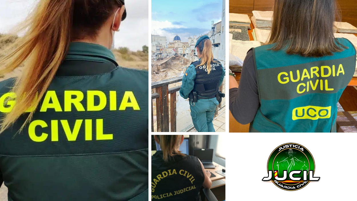 Collage de mujeres de la Guardia Civil en distintas unidades operativas y de investigación, con chalecos identificativos y el logo de JUCIL, simbolizando la reivindicación de igualdad y mejores condiciones laborales.