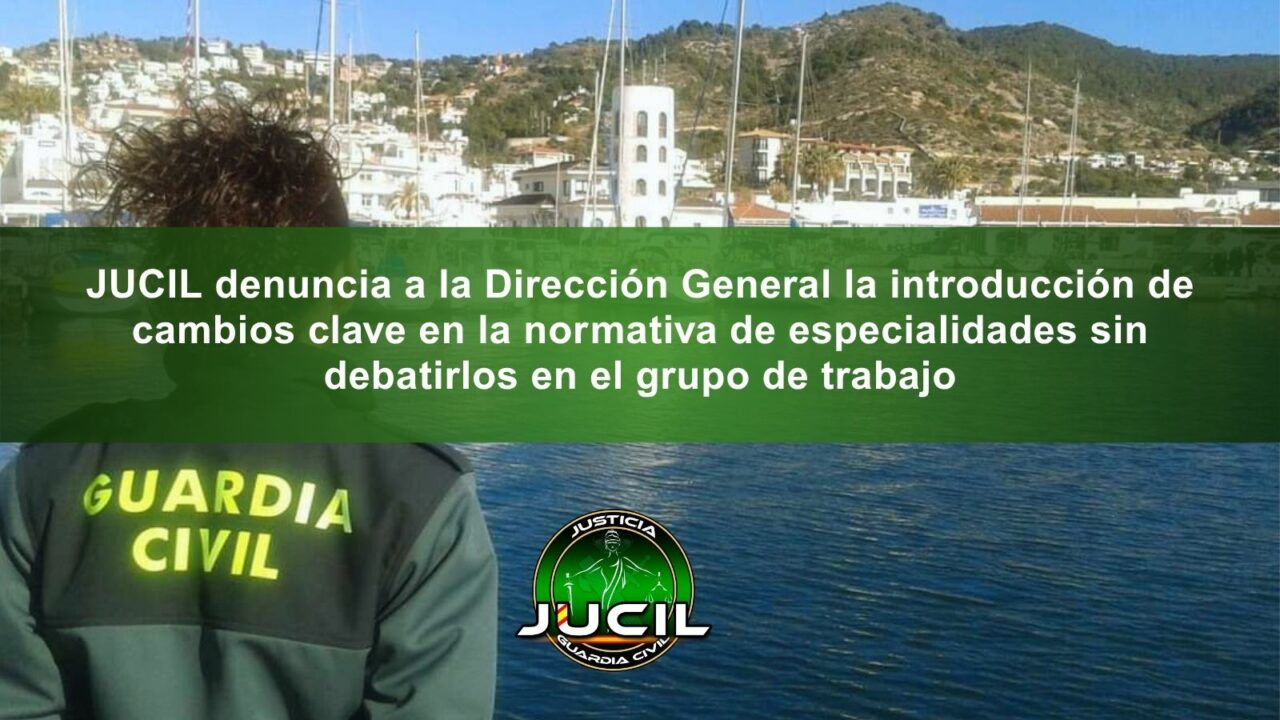 Logotipo de JUCIL con fondo institucional, representación de la balanza de la justicia y símbolos de la Guardia Civil