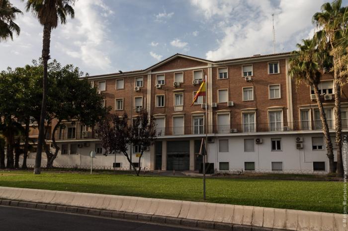 Fachada principal de la Comandancia de la Guardia Civil en Málaga, con la bandera de España ondeando en el edificio y palmeras a su alrededor.