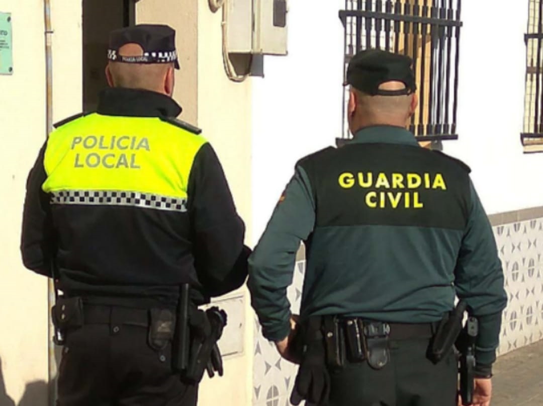 Agente de Policía Local y agente de la Guardia Civil vistos de espaldas, patrullando juntos por una calle junto a la fachada de un edificio.